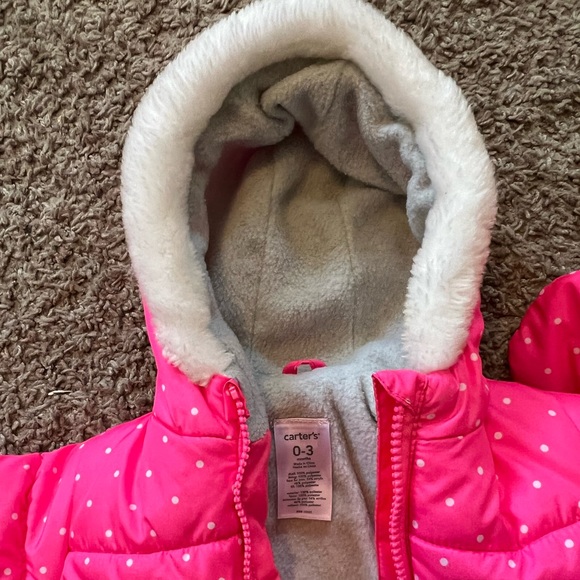 Carter’s | Baby Girl 0-3 Months | Snowsuit White Dots Hot Pink - Picture 2 of 2